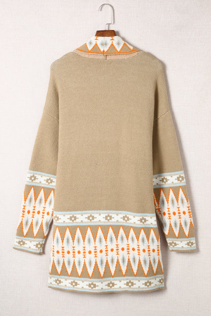 Aztec Print Open Front Knitted Cardigan | Khaki