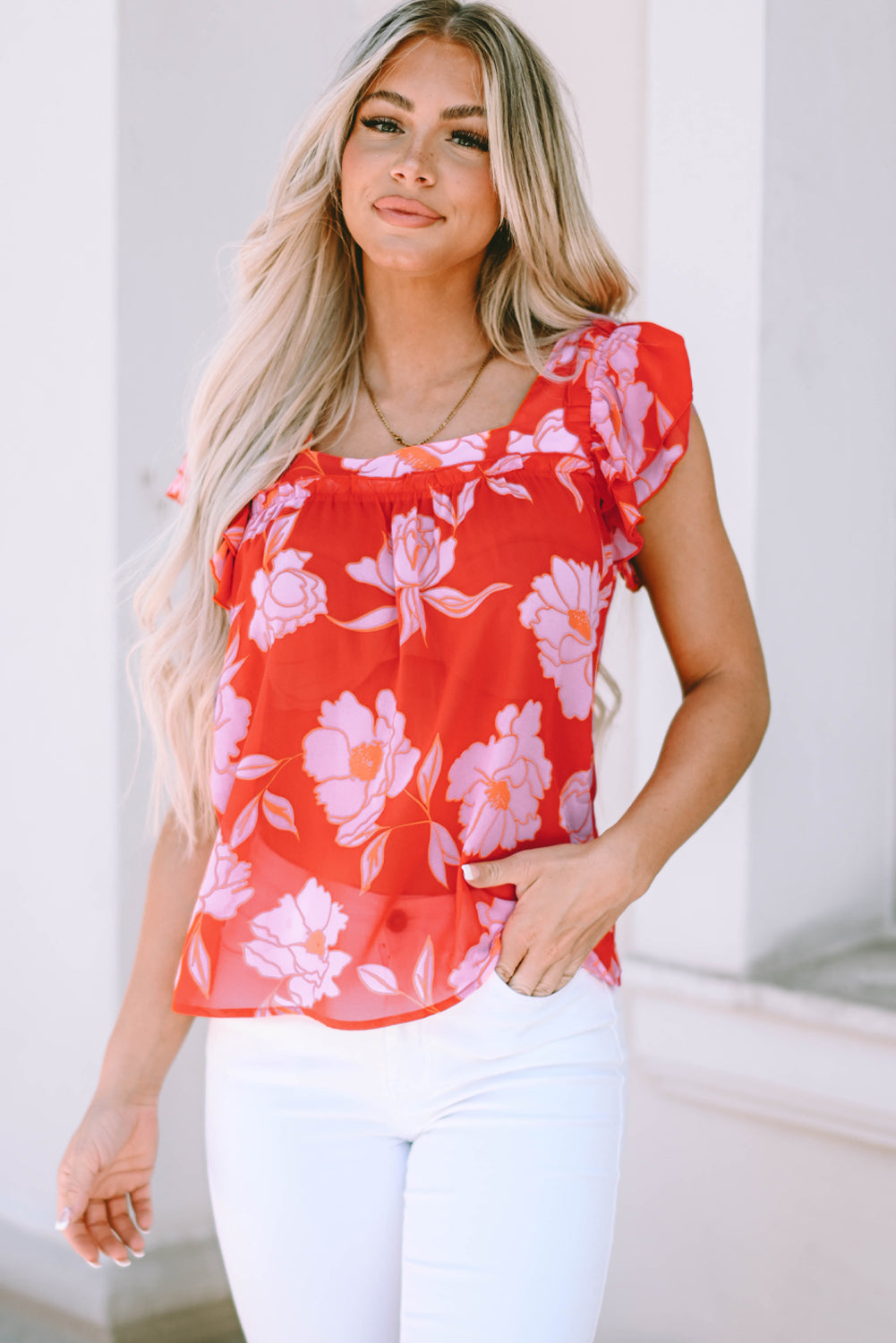 Fiery  Floral Square Neck Ruffle Sleeve Blouse | Red