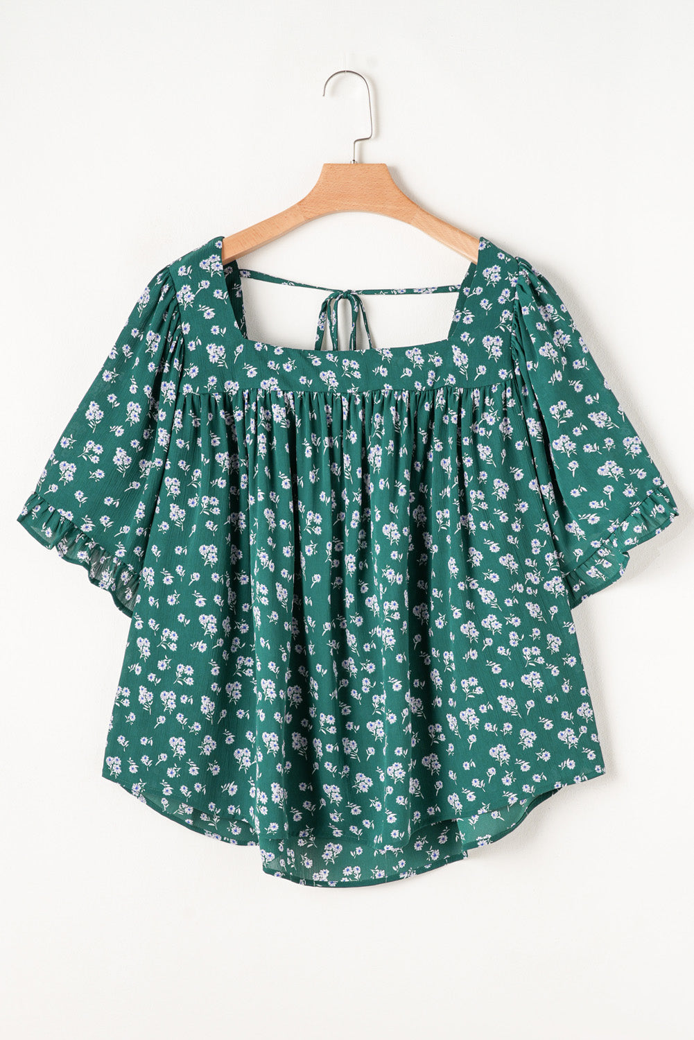 Floral Print Square Neck Ruffled Trim Plus Size Blouse | Green