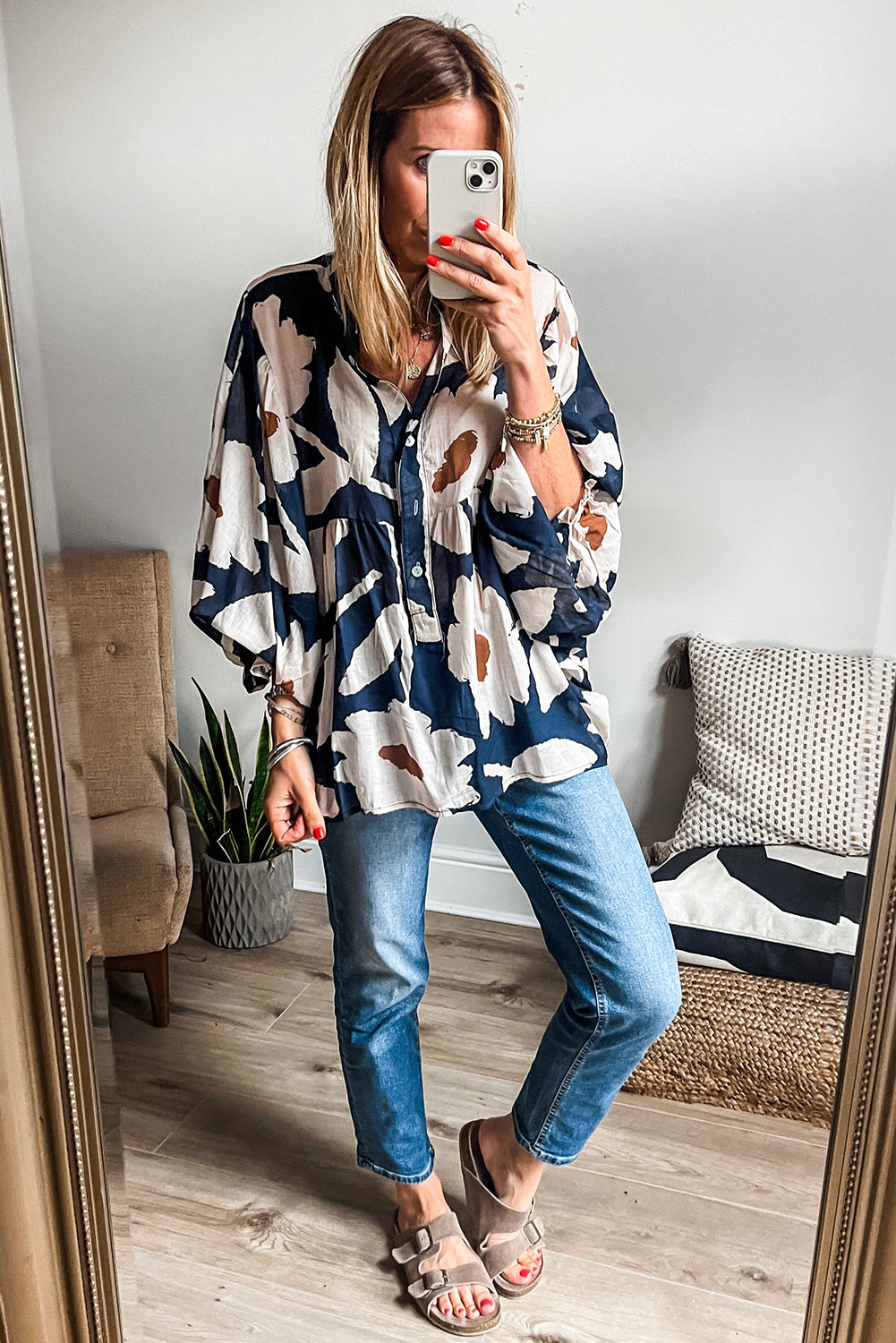 Abstract Floral Print Puff Sleeve Half Button Blouse | Sail Blue