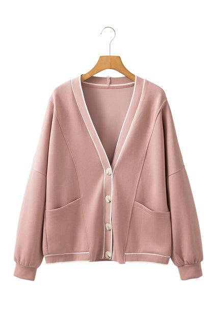 Contrast Trim V Neck Buttoned Front Pocketed Knit Cardigan | Pink Stripe