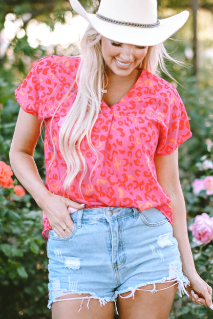 Leopard V Neck Short Sleeve Blouse | Pink