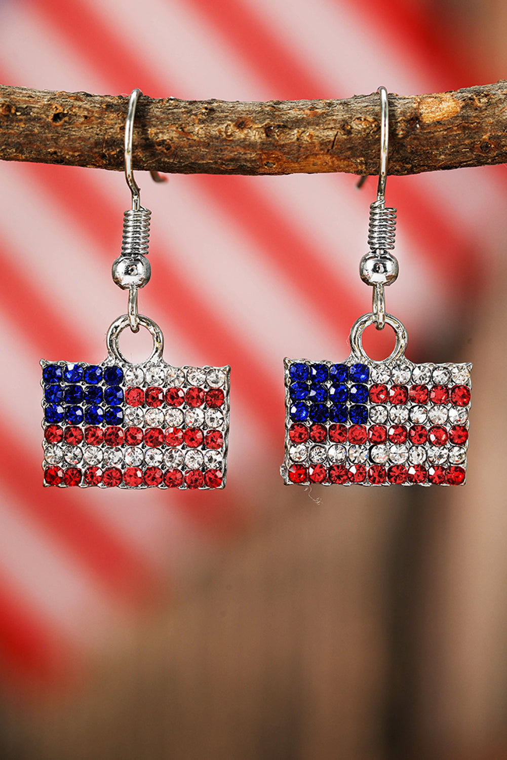 Fiery Red Rhinestone USA Flag Squared Drop Earrings