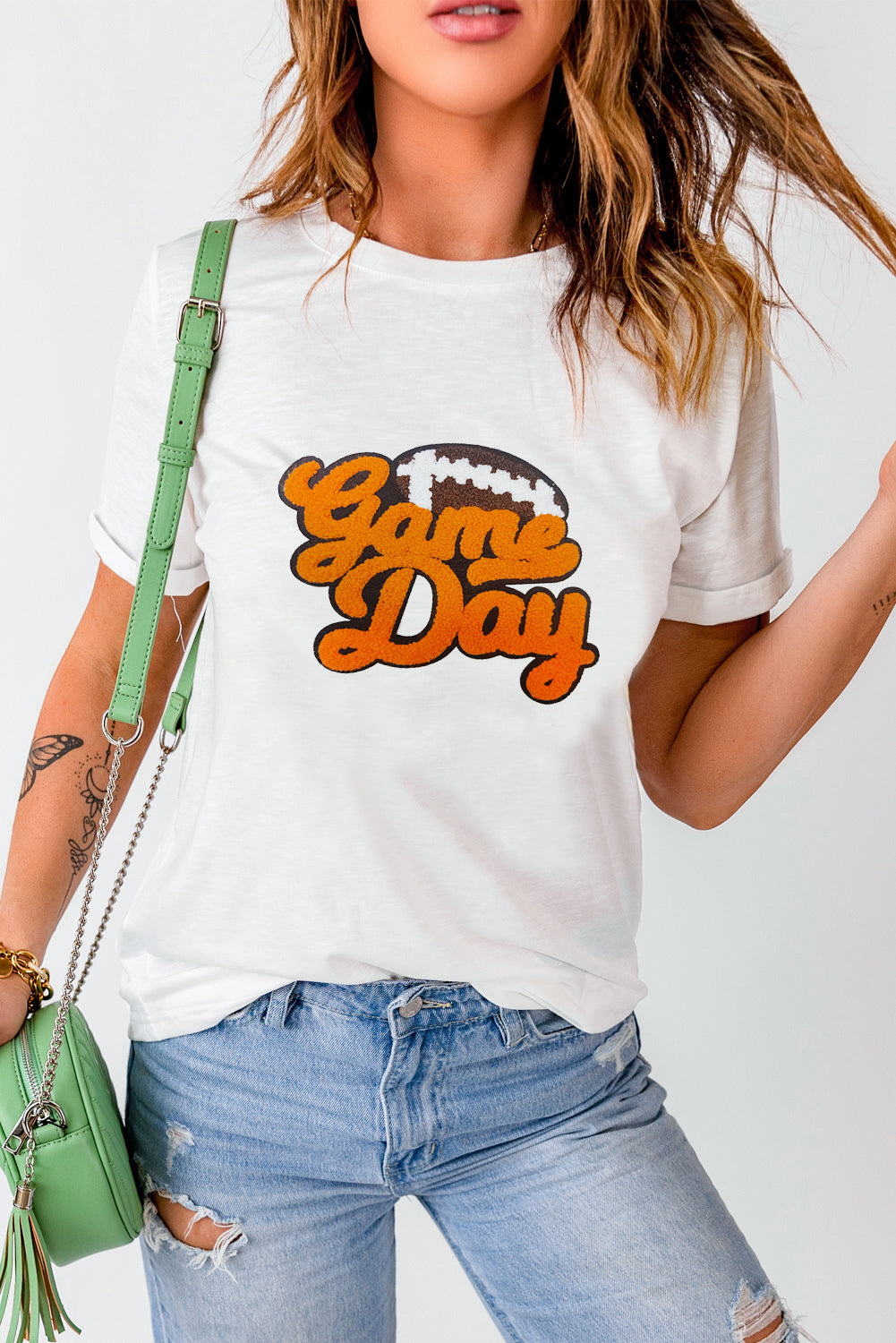 Chenille Game Day Rugby Football Pattern Crewneck T Shirt | White