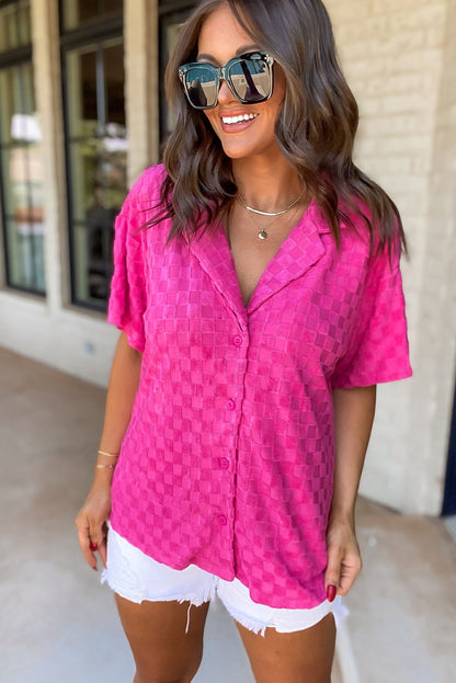 Lapel Neck Checkered Textured Short Sleeve Shirt | Bright Pink