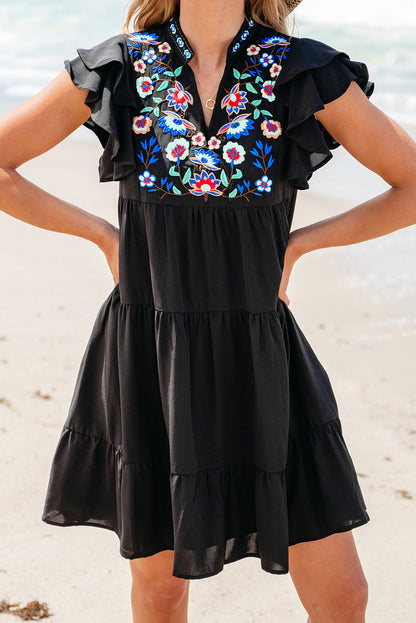 Floral Embroidered Tiered Ruffled Mini Dress | Black