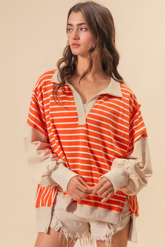 Colour Block Loose Fit Collared Drop Shoulder Sweatshirt | Orange Stripe