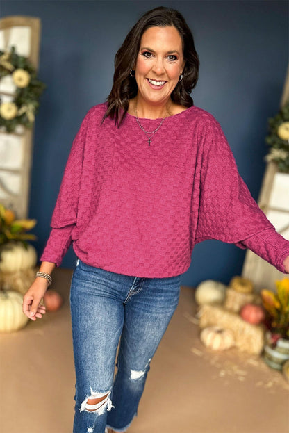 Checker Textured Dolman Sleeve Top | Bright Pink