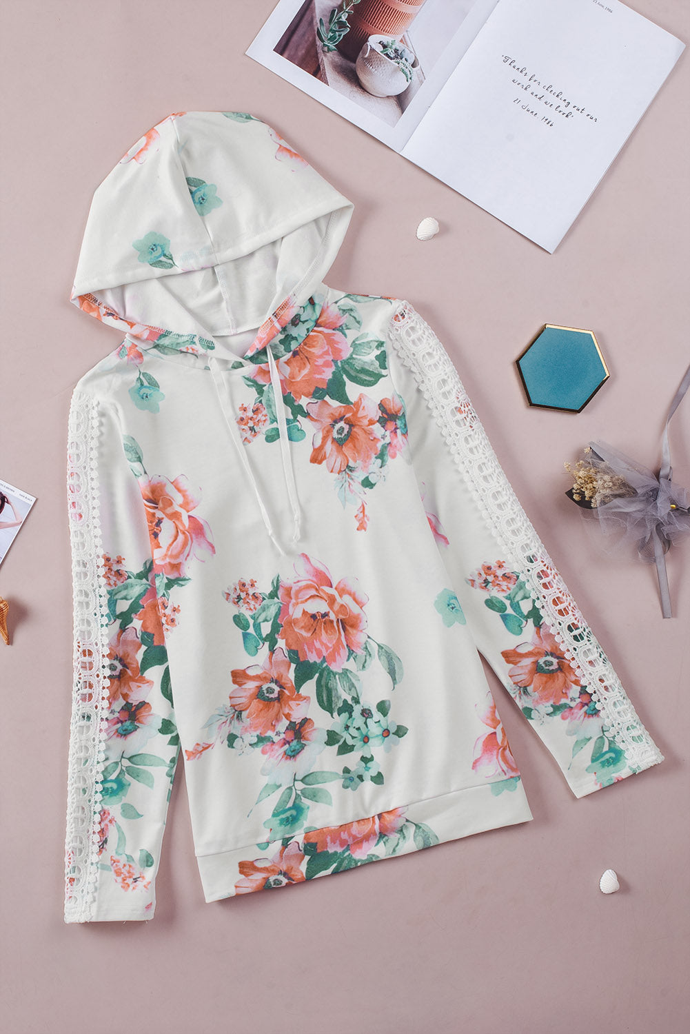 Floral Print Lace Contrast Long Sleeve Hoodie | Apricot