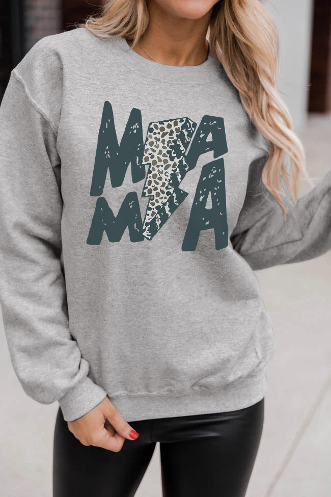 Mama Lightning Leopard Print Long Sleeve Sweatshirt | Gray