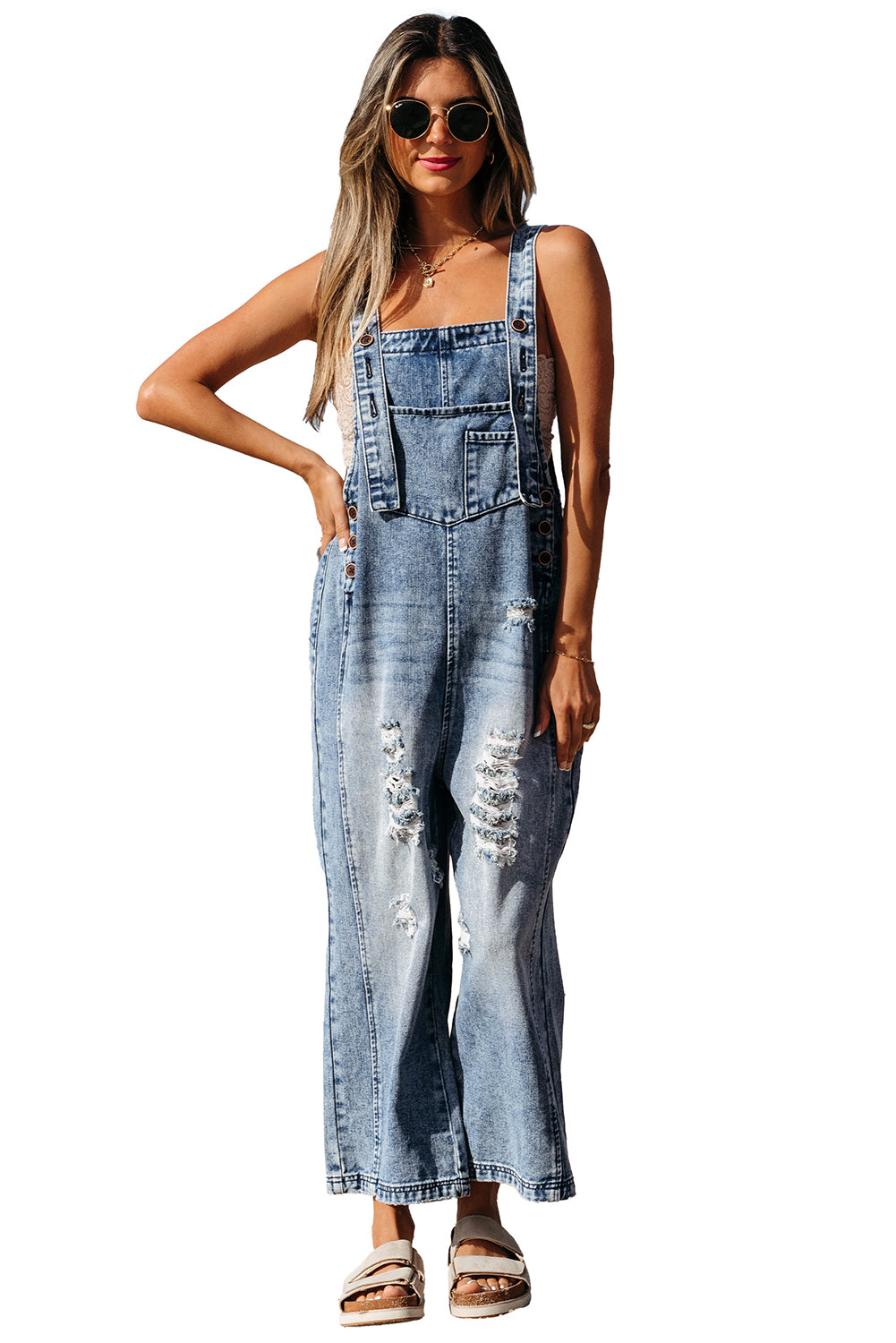 Distressed Bib Pocket Wide Leg Denim Overall | Stone Blue