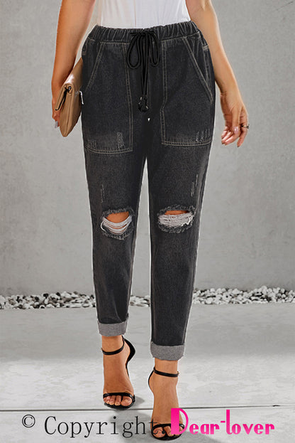 Gather Round Distressed Pocketed Denim Jogger | Black