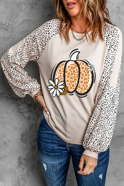 Leopard Raglan Long Sleeve Floral Pumpkin Graphic Top | Khaki