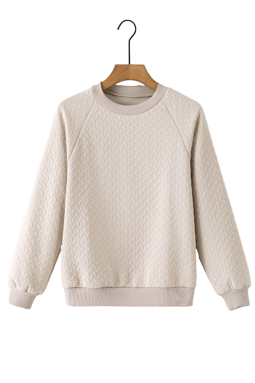 Solid Textured Raglan Sleeve Pullover Sweatshirt | Beige