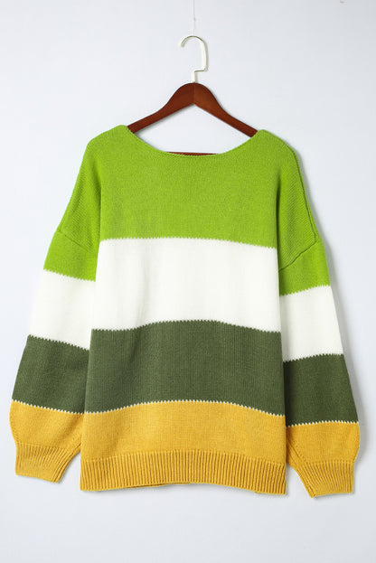 Plus Size Colour Block Patchwork Sweater | Green