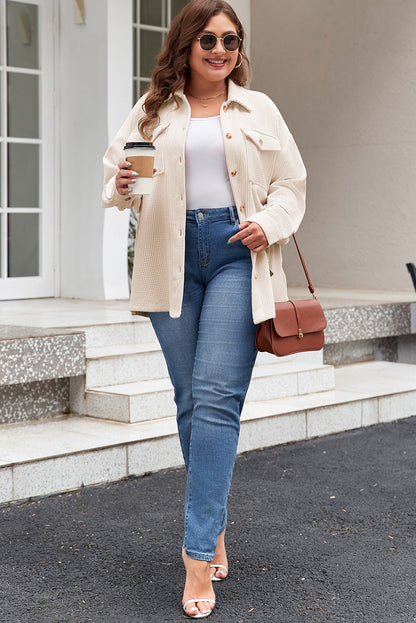 Textured Flap Pockets Buttoned Plus Size Shacket | Oatmeal