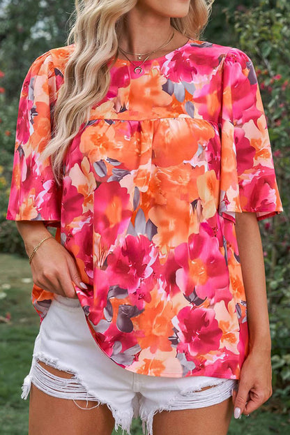 Fiery  Floral Print Wide Sleeve Blouse | Red