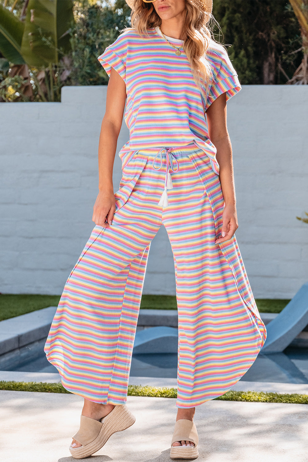 Rainbow Tee Tasseled String Wide Leg Pants Set | Pink Stripe