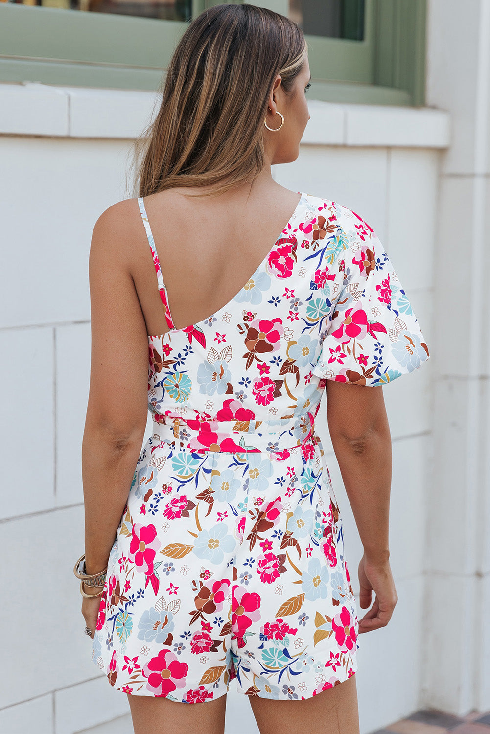 Floral Single Bubble Sleeve Slant Shoulder Romper | White