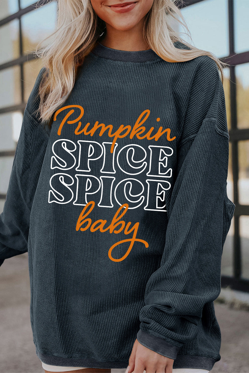 Halloween Pumpkin Spice Baby Graphic Textured Sweatshirt | Dark Grey