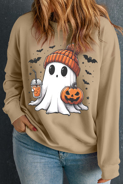 Apricot Cute Ghost Pumpkin Printed Plus Size Halloween Sweatshirt