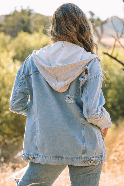 Button Closure Ripped Hooded Denim Jacket | Sky Blue