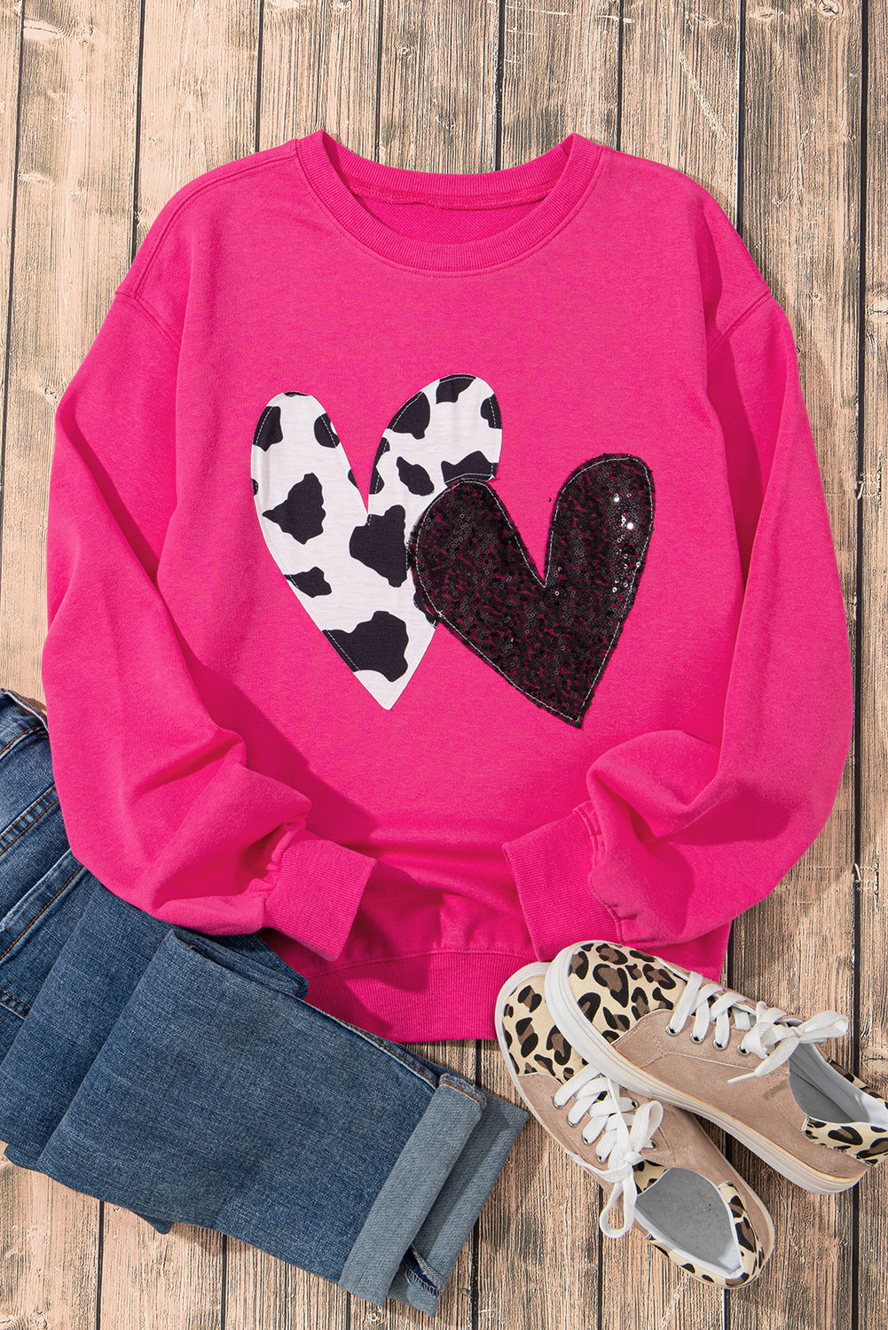 Cow & Sequin Double Heart Patch Graphic Sweatshirt | Strawberry Pink