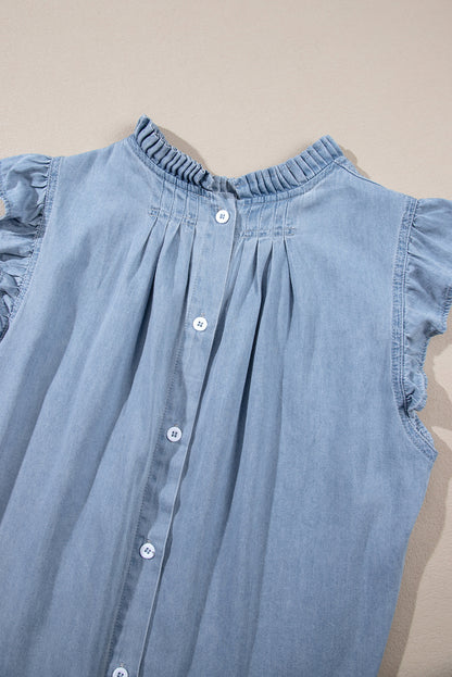 Frilly Pleated Button Back Retro Chambray Top | Beau Blue