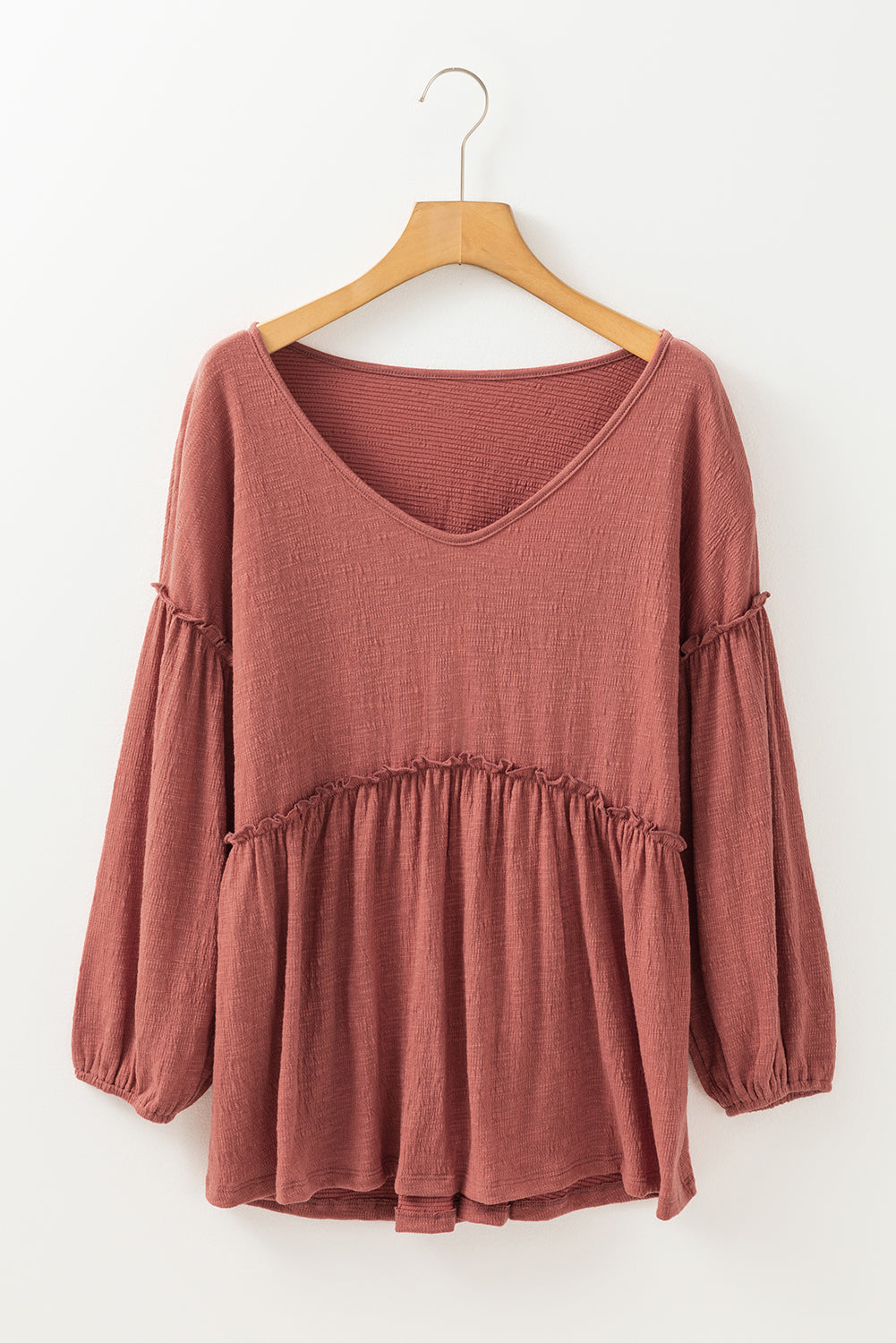 Solid Colour Textured Frilled Trim V Neck Puff Sleeve Blouse | Mineral Red