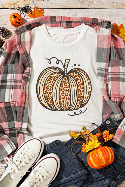 Leopard Pumpkin Graphic Crewneck Halloween T Shirt | White