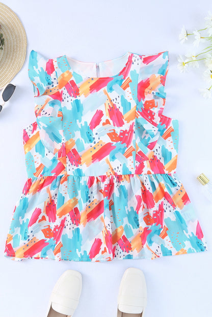 Brush Print Ruffle Trim Peplum Tank Top | Sky Blue