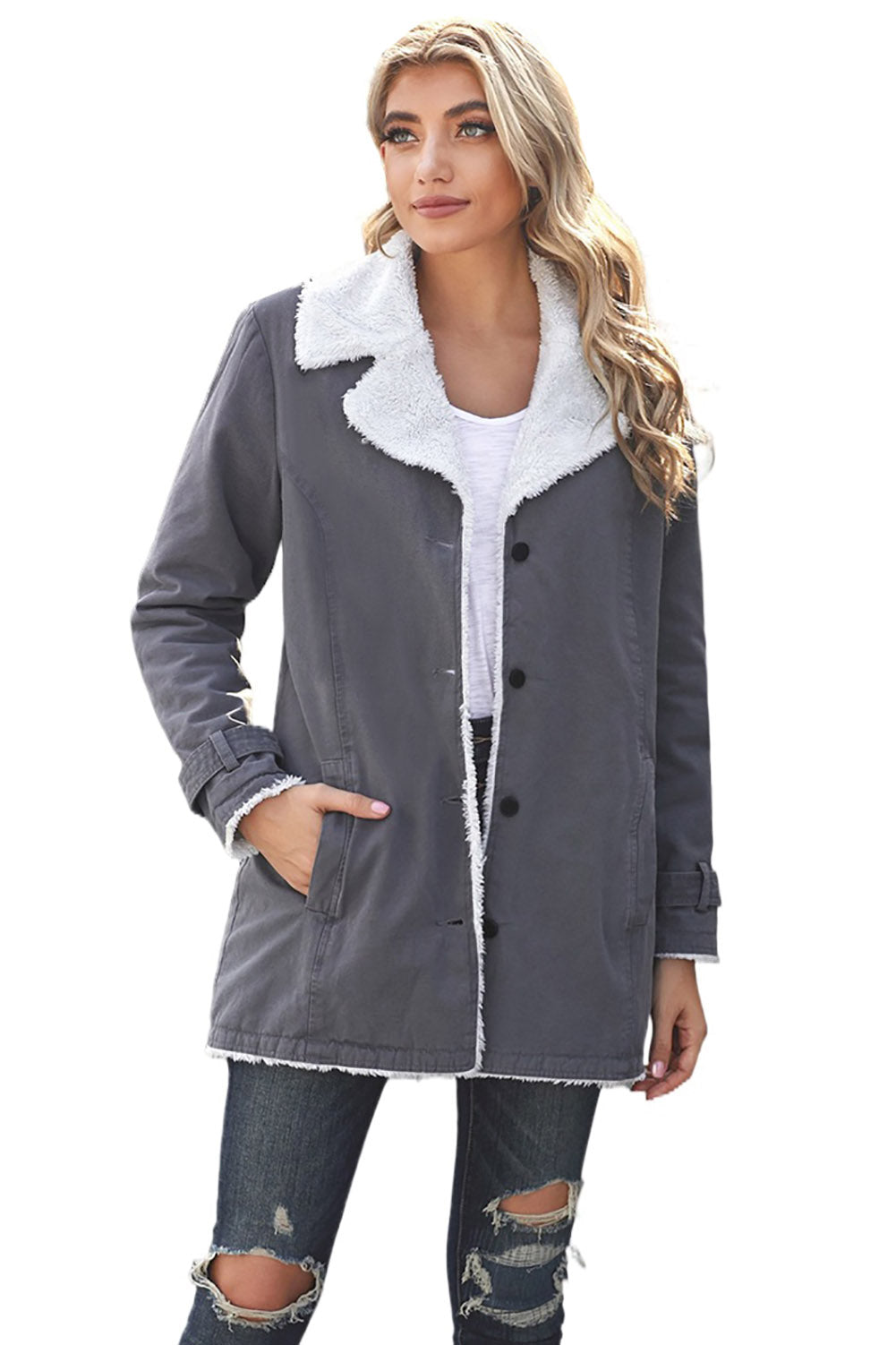 Lapel Collar Button Fleece Jacket | Gray