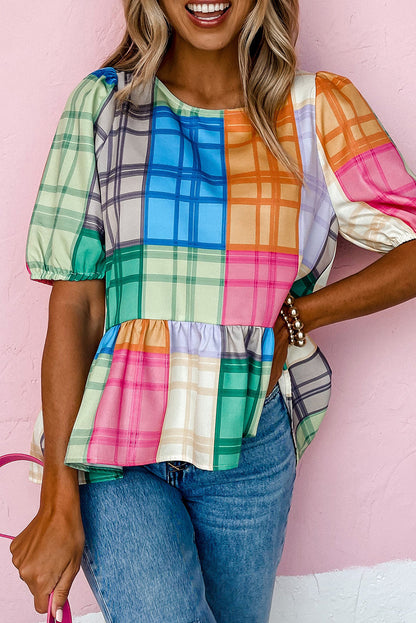 Bold Plaid Colour Block Puff Sleeve Peplum Top | Multicolour