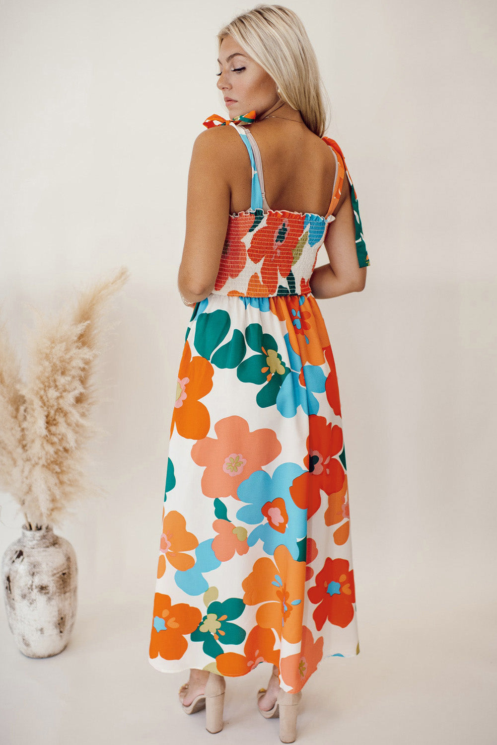 Floral Self Tied Straps Smocked Bust Maxi Dress | Orange