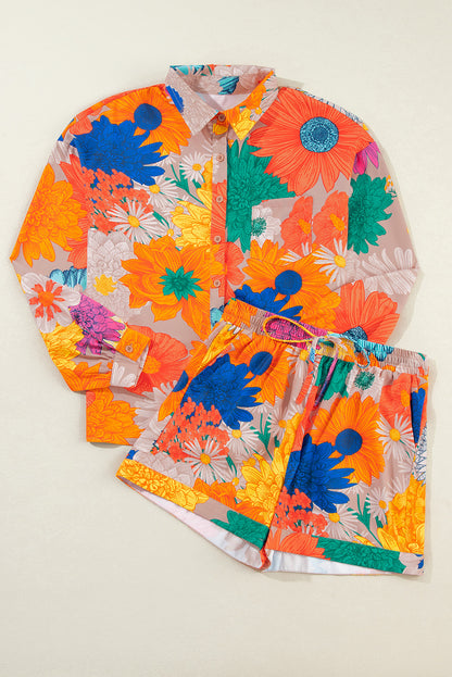 Floral Printed Shirt Two Piece Drawstring Shorts Set | Orange