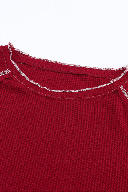 Fiery  Textured Round Neck Long Sleeve Top | Red