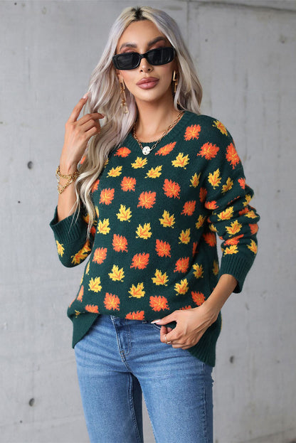 Fall Leaves Pattern Crew Neck Sweater | Blackish Green