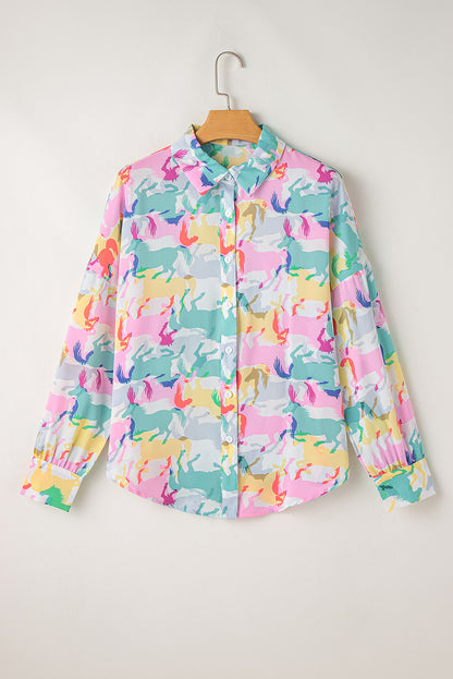 Colourful Horse Printed Long Sleeve Button Up Casual Shirt | White