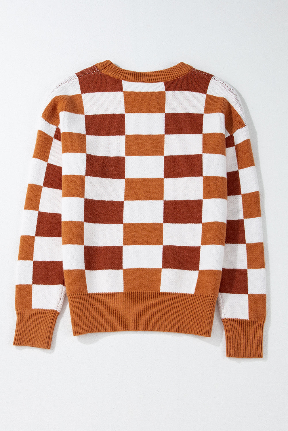 Checkered Ribbed Edge O Neck Drop Shoulder Sweater | Orange