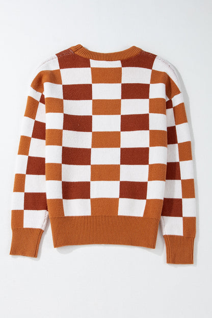 Checkered Ribbed Edge O Neck Drop Shoulder Sweater | Orange