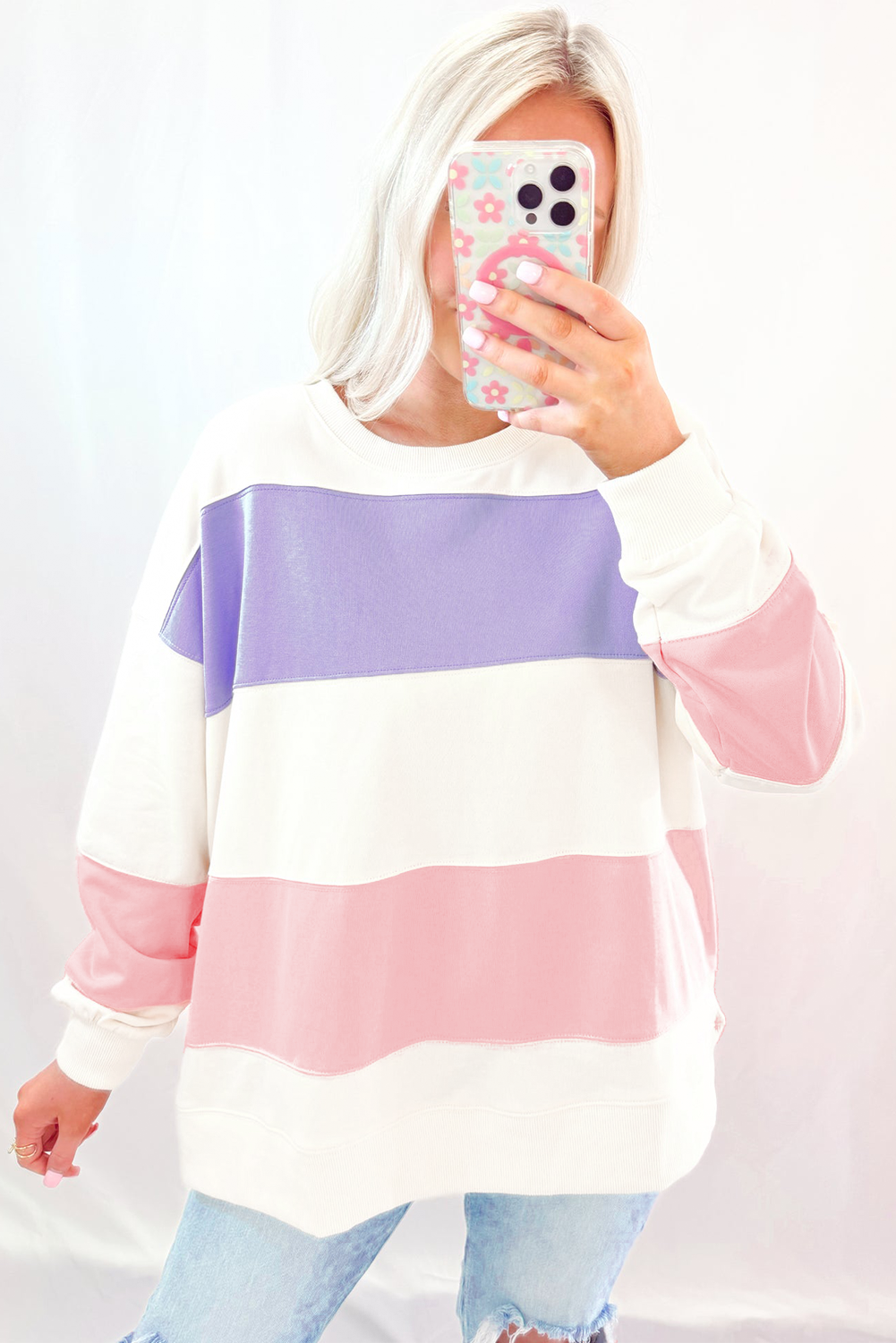 Colourblock Patchwork Drop Shoulder Crewneck Sweatshirt | Beige