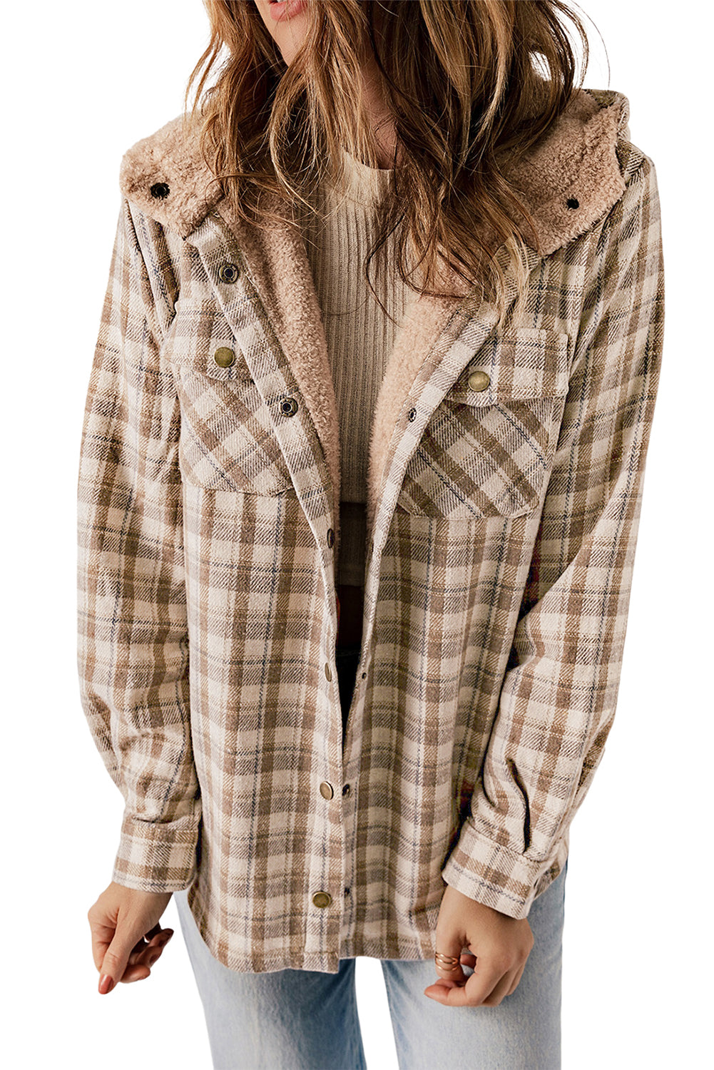 Plaid Pattern Sherpa Lined Hooded Shacket | Khaki