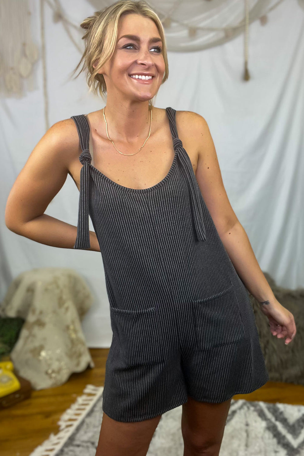 Striped Print Knotted Straps Pocketed Romper | Dark Grey