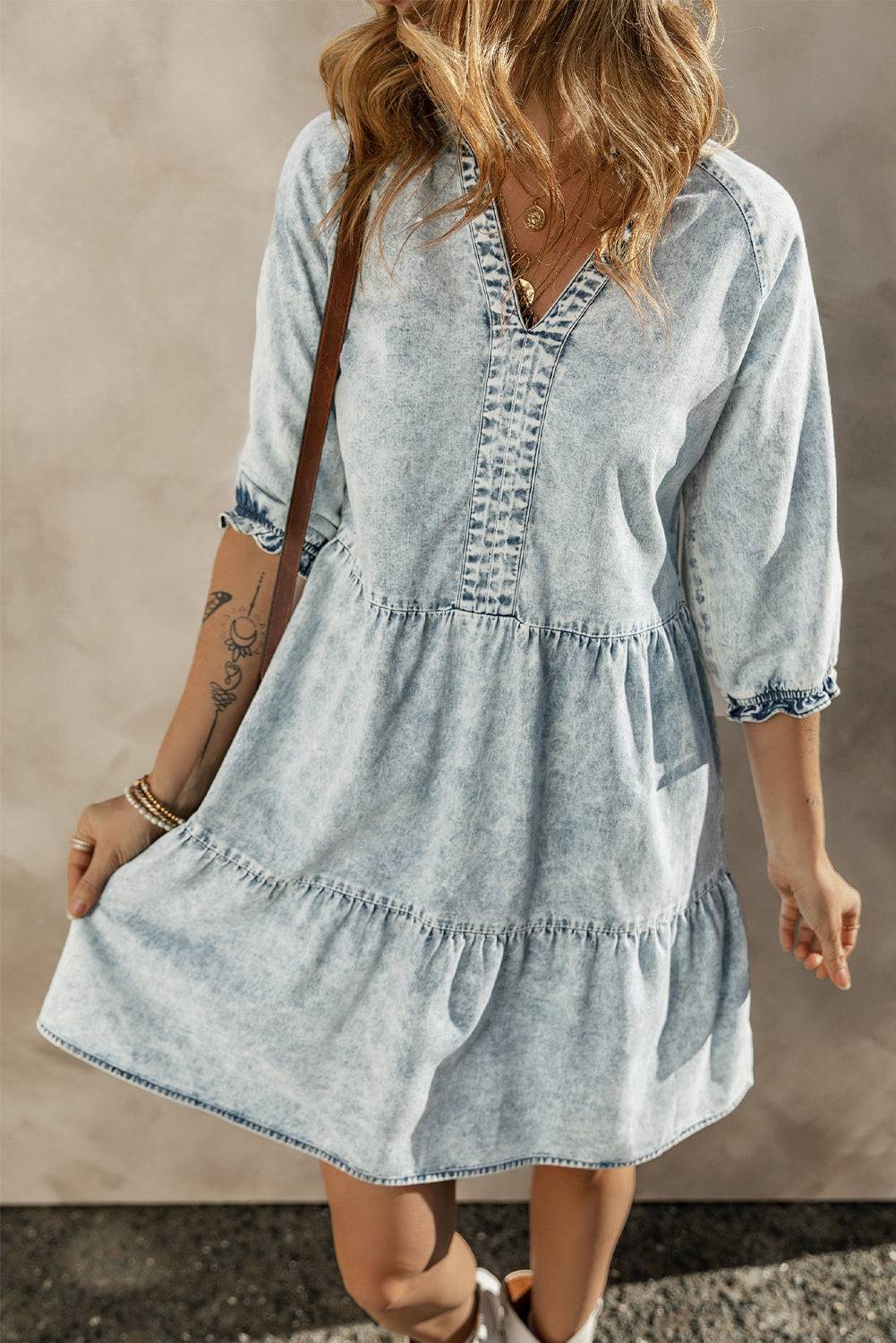 Acid Wash Retro Half Sleeve Flared Denim Dress | Dusk Blue