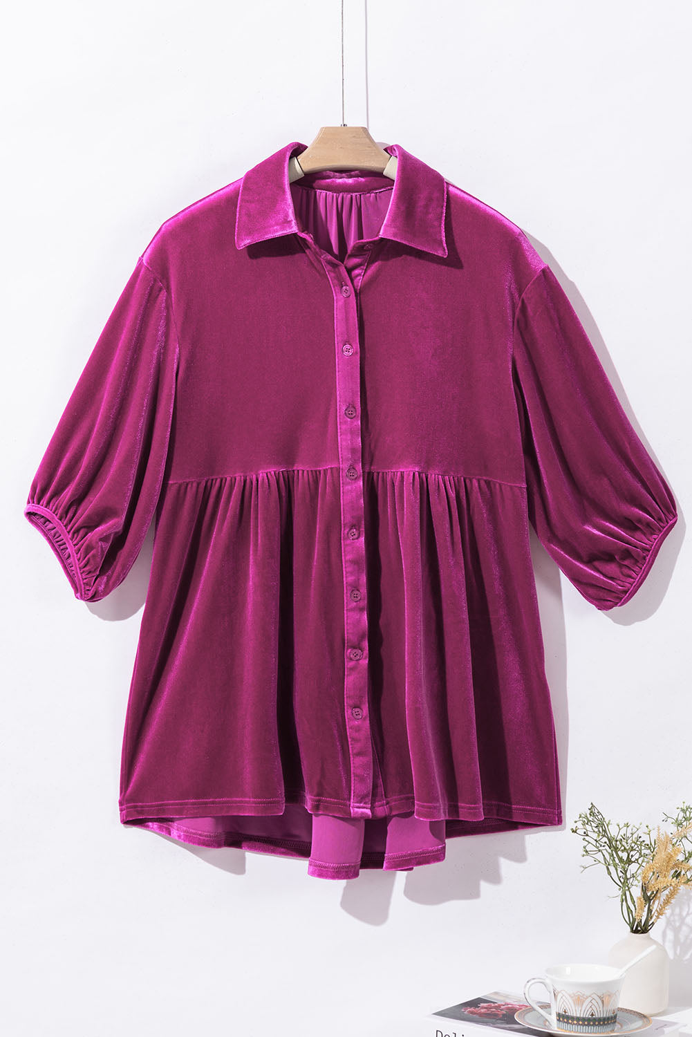 3/4 Sleeve Tunic Babydoll Velvet Shirt | Pitaya Pink