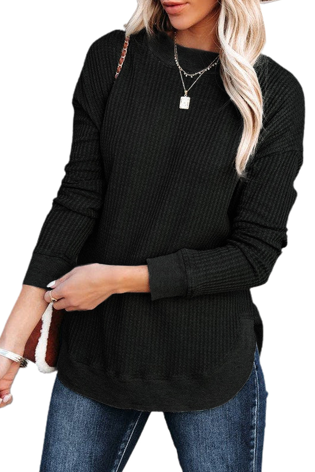 Crew Neck Ribbed Trim Waffle Knit Top | Black