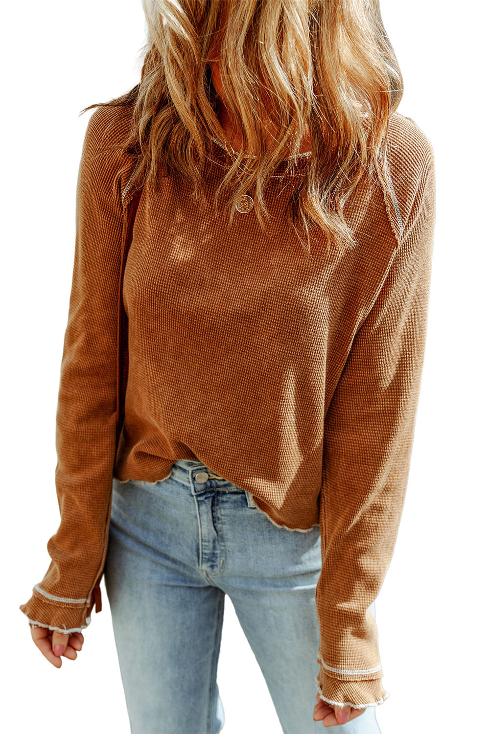 Textured Round Neck Long Sleeve Top | Brown