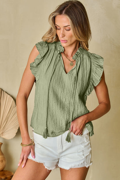 V Neck Flutter Sleeve Textured Blouse | Meadow Mist Green