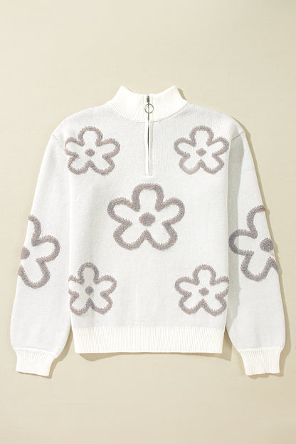 Contrast Flower Half Zipper Stand Neck Sweater | White