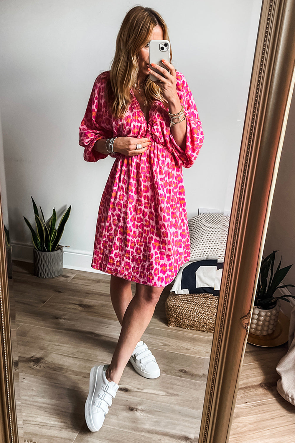 Leopard Print Elasticated V Neck 3/4 Puff Sleeve Dress | Pink